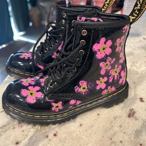 Dr. Martens Black and Pink Floral Kids Boots